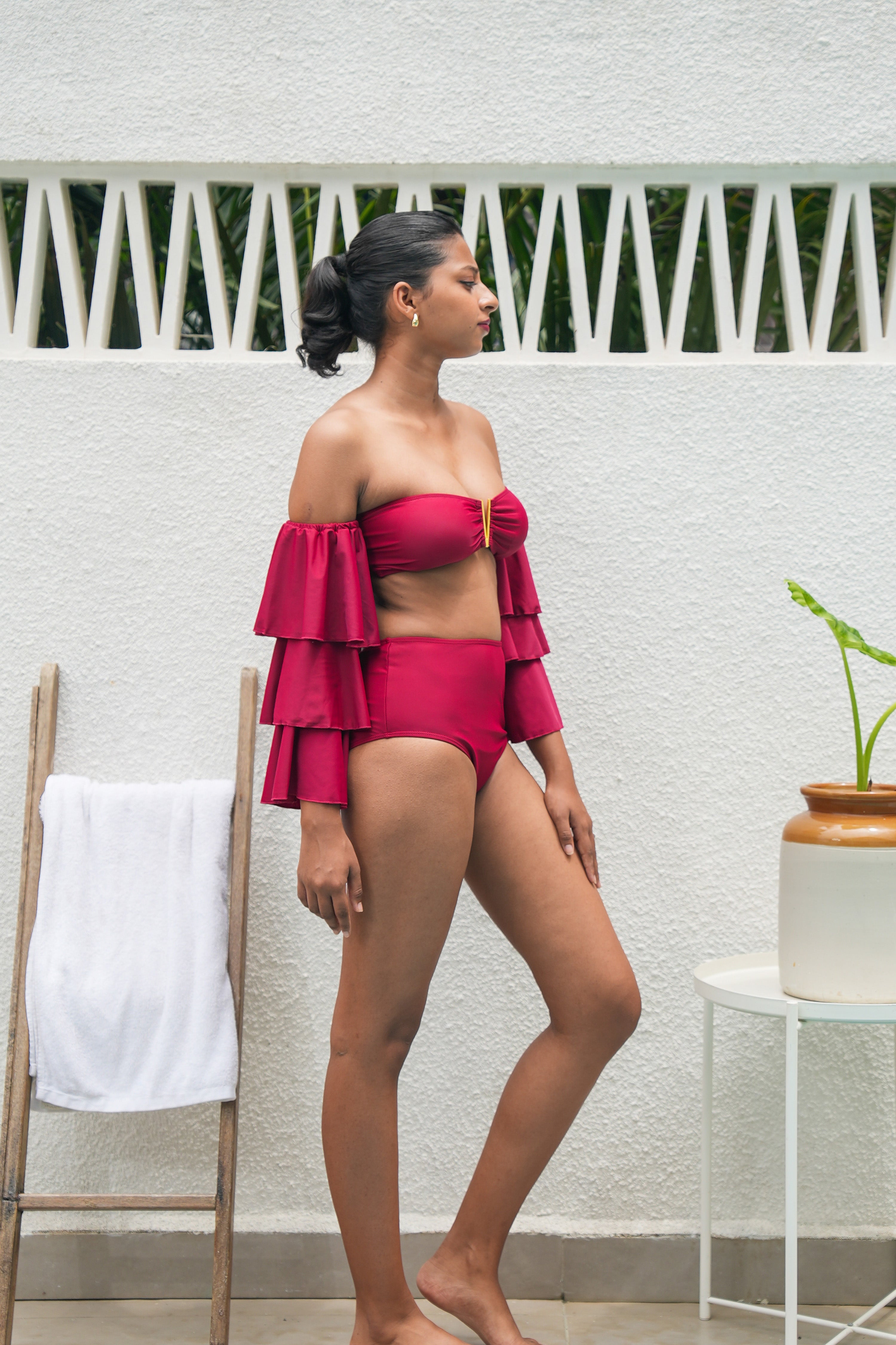 Sunset essentialsMaroon Tiered Ruffle Sleeve Two Piece Swimsuit