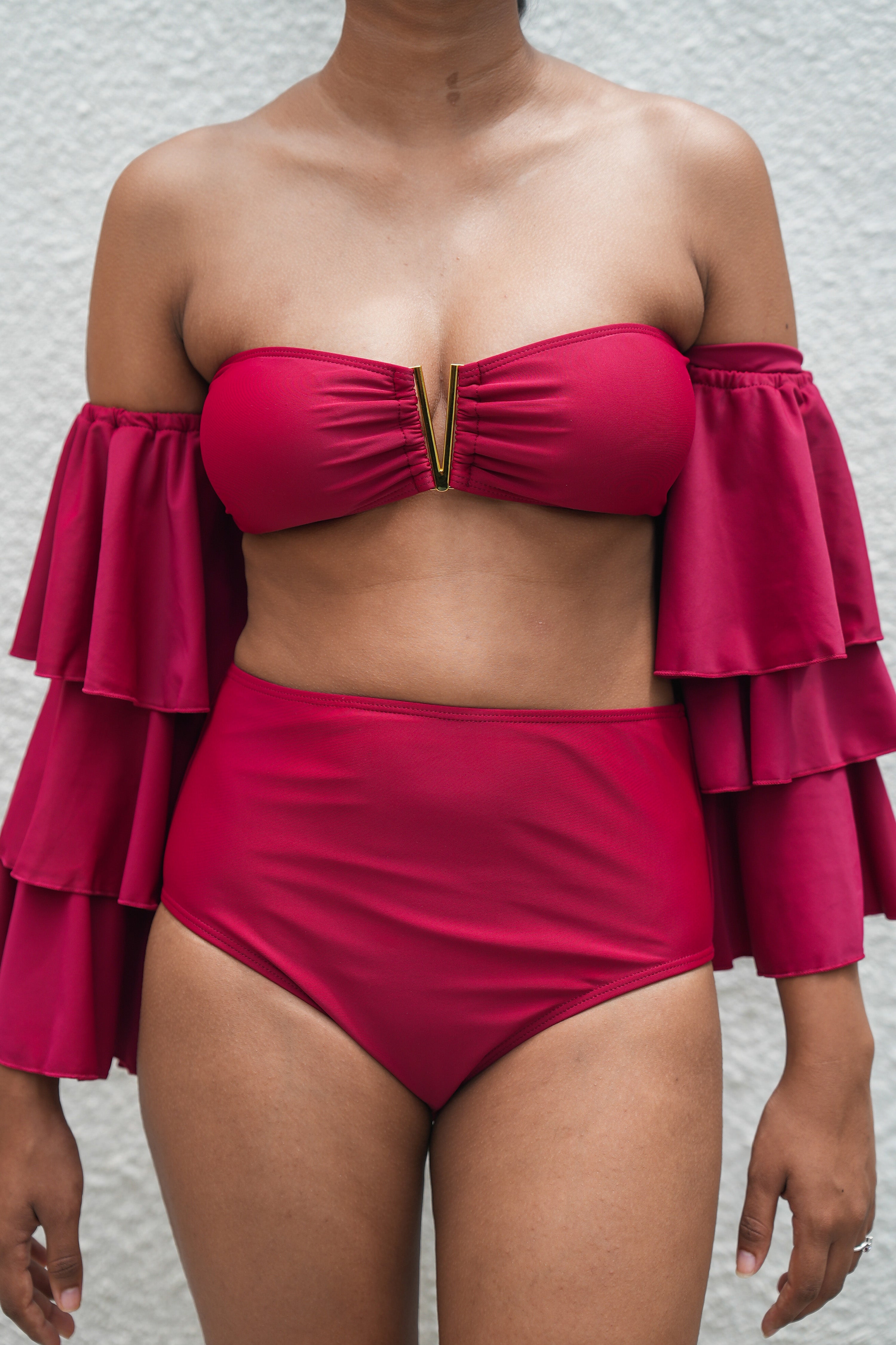 Sunset essentialsMaroon Tiered Ruffle Sleeve Two Piece Swimsuit