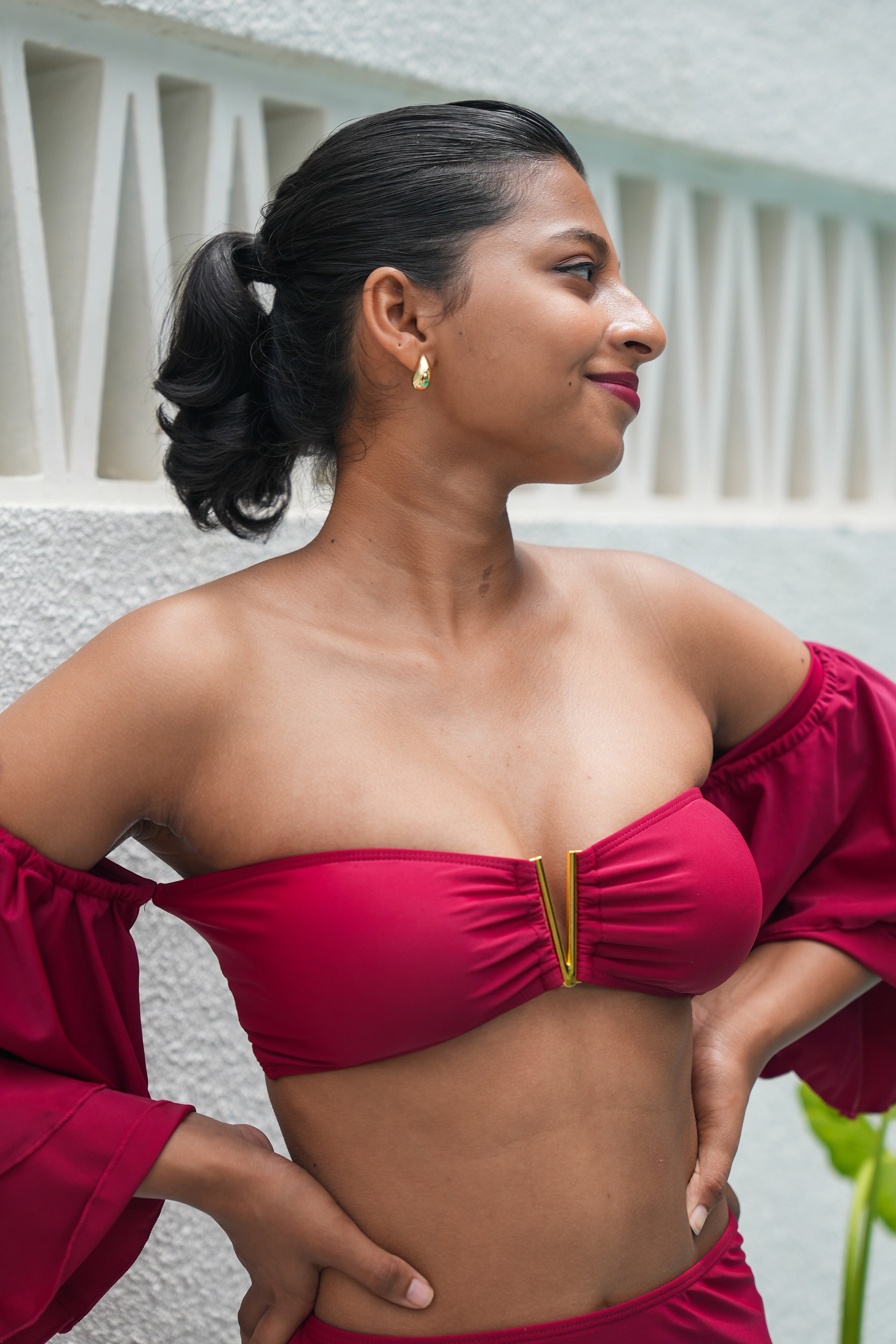 Sunset essentialsMaroon Tiered Ruffle Sleeve Two Piece Swimsuit