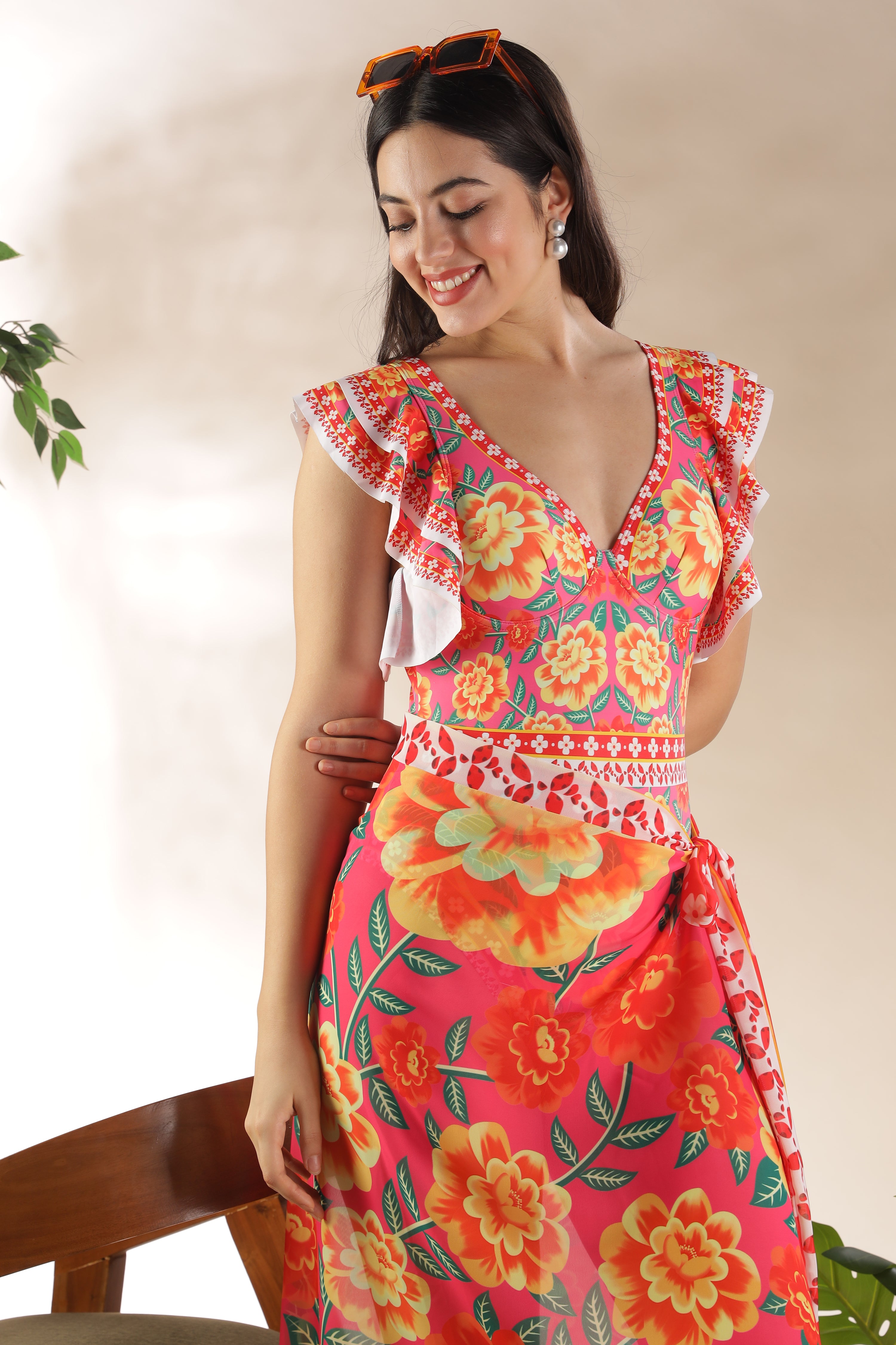 Hyper Tropics Floral Printed Monokini With Sarong